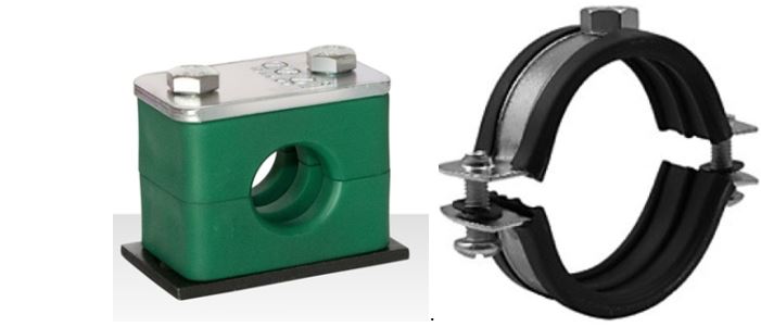 Sravneniye trubnykh zazhimov. A -poliuretanovyy trubnyy zazhim B - santekhnicheskiy khomut